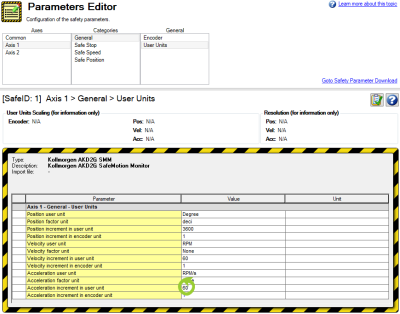 Parameters Editor with the Acceleration User Unit value circled